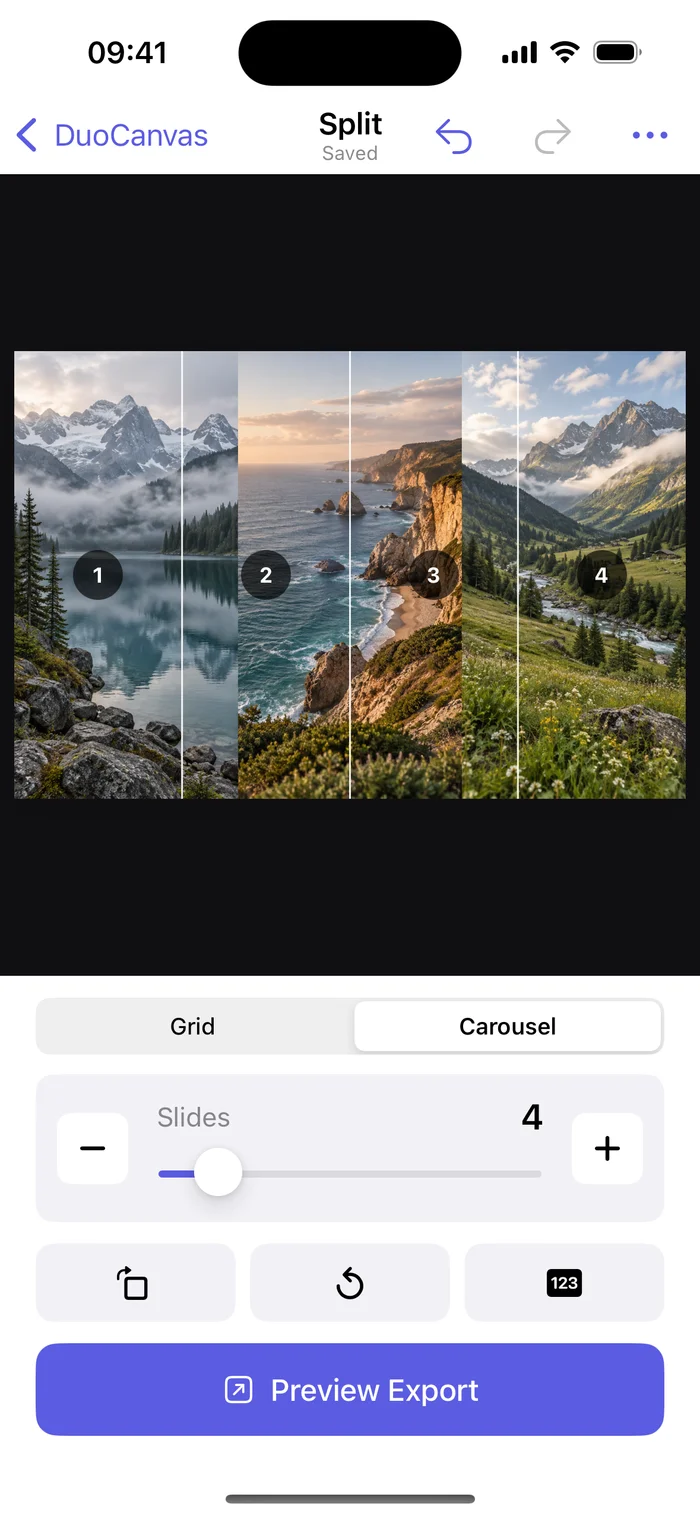 DuoCanvas seamless photo carousel preview and slide controls