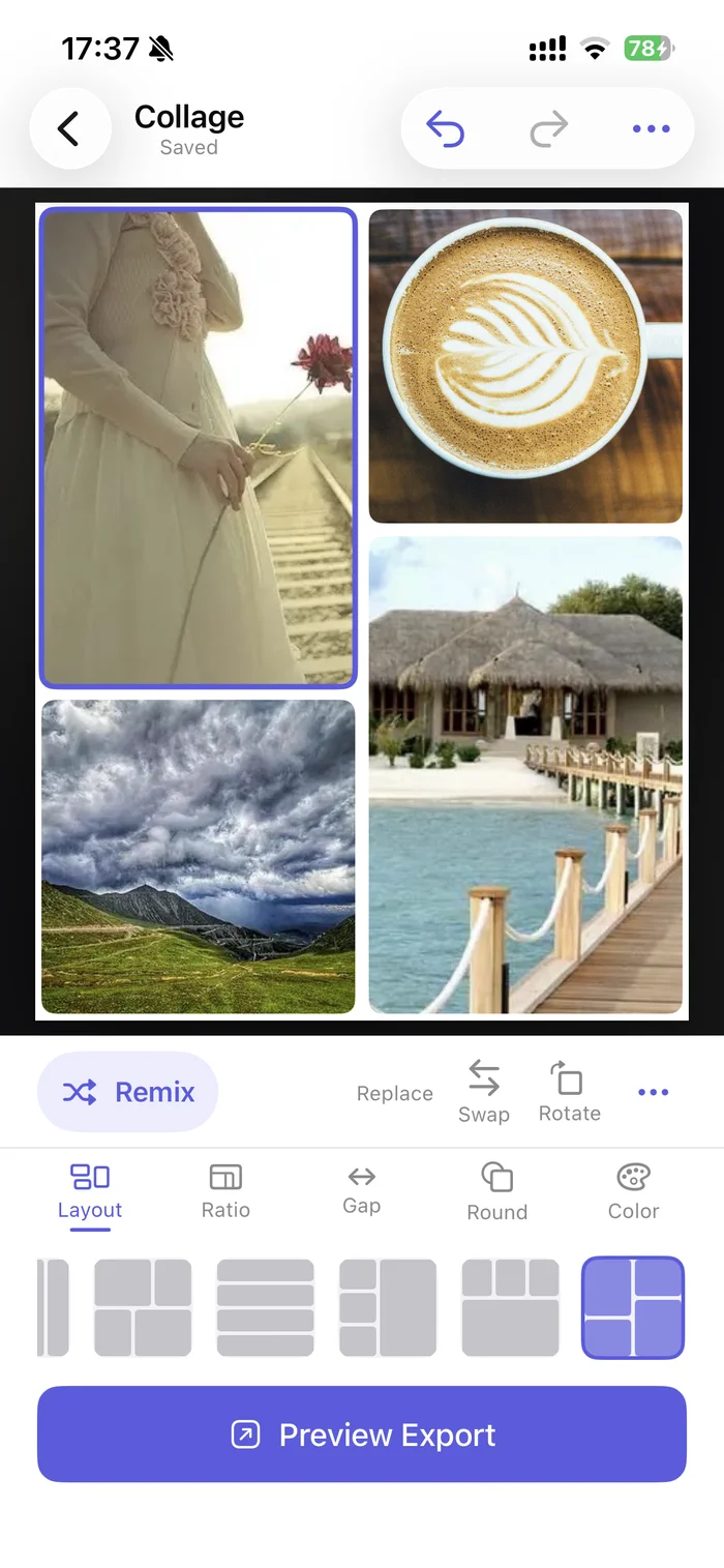 DuoCanvas collage editor with four photos and a selection of layout templates