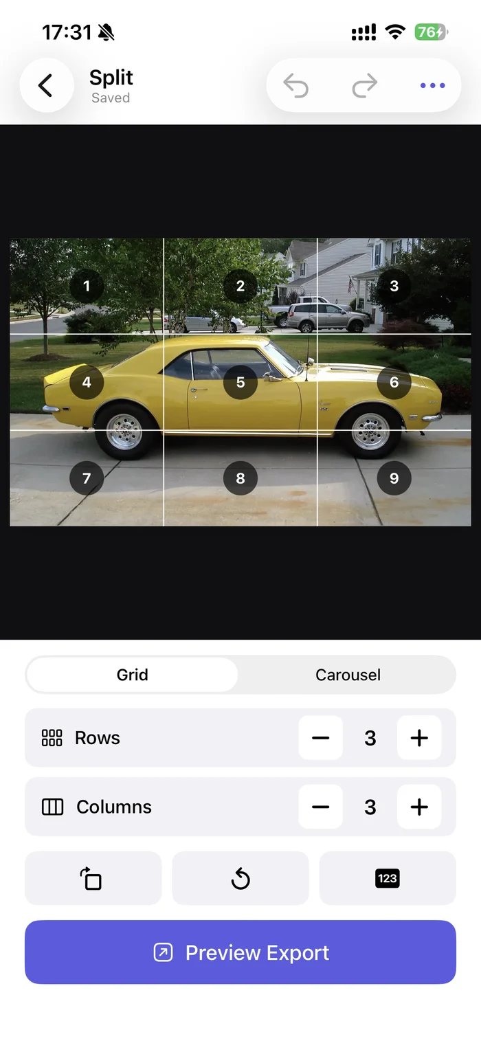 DuoCanvas photo grid editor with a yellow car split into nine numbered tiles