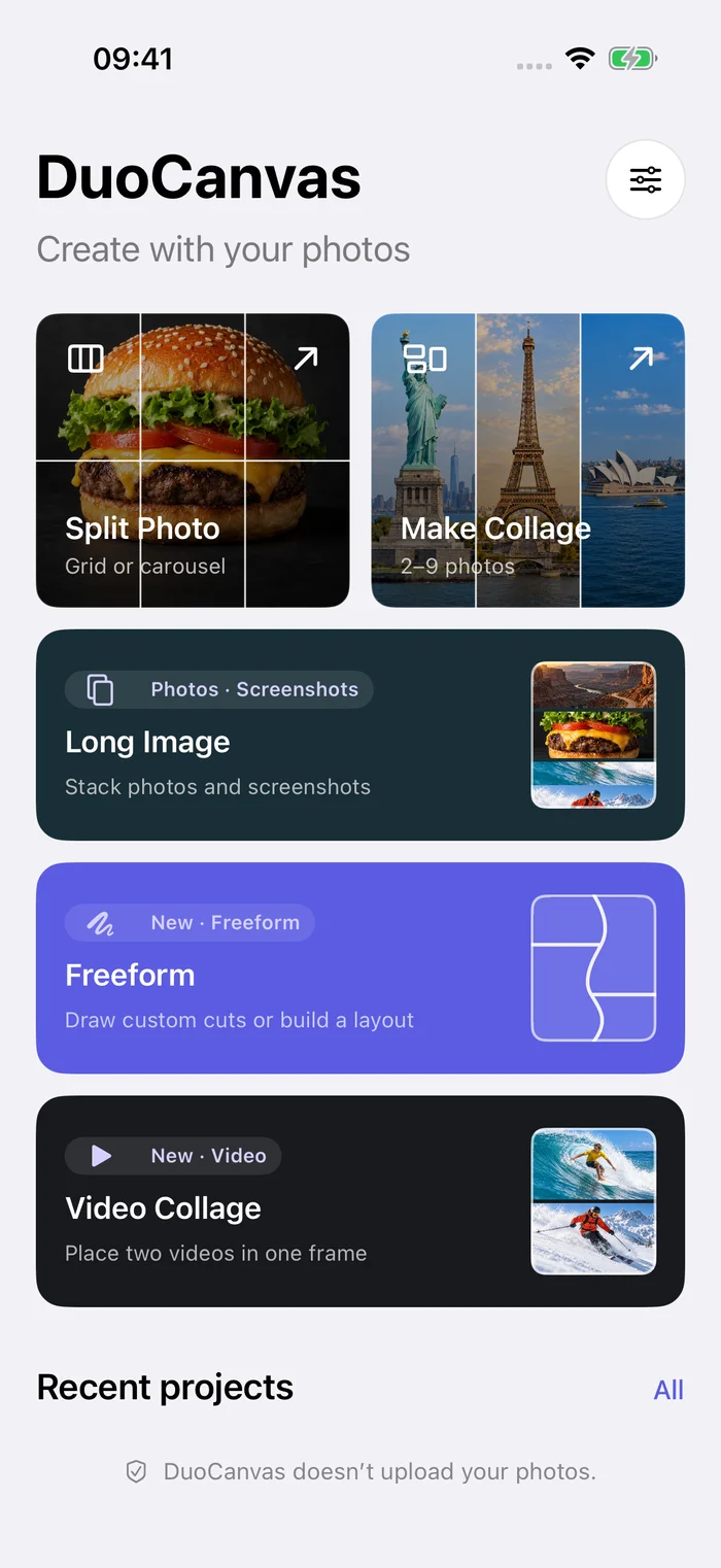 DuoCanvas Home screen with Split Photo, Make Collage, Long Image, Freeform, and Video Collage