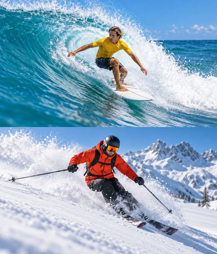 Surfing and skiing arranged in a top-and-bottom video collage example